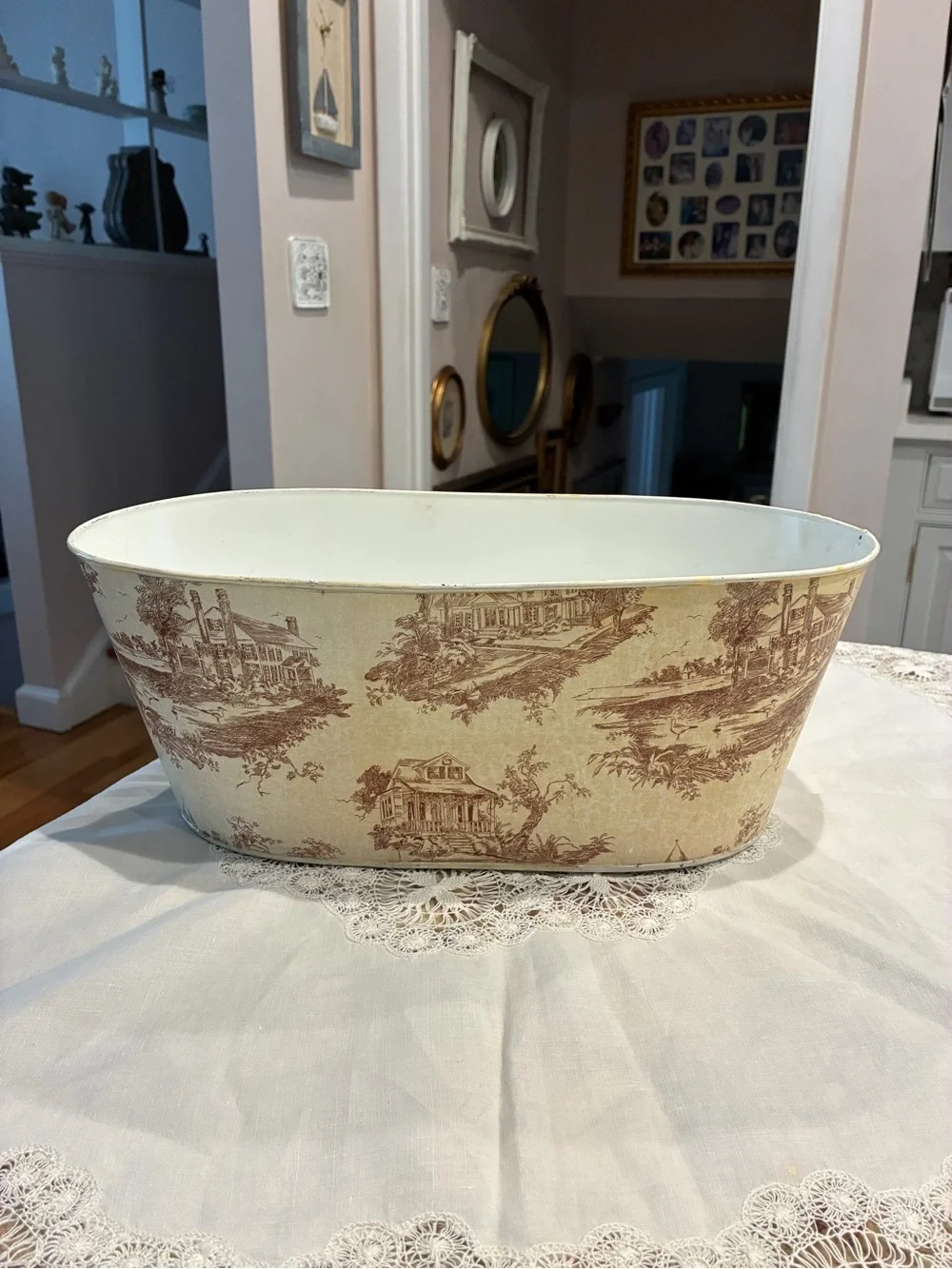 French country style toile metal tub, cachepot, planter, or ice bucket